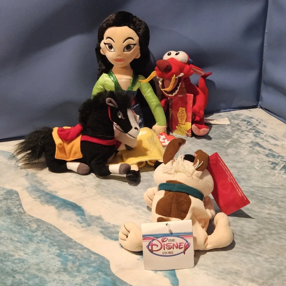 Disney TY Sparkle Mulan Plush Bundle Khan Little Brother Mushu Beanie Hang Tags